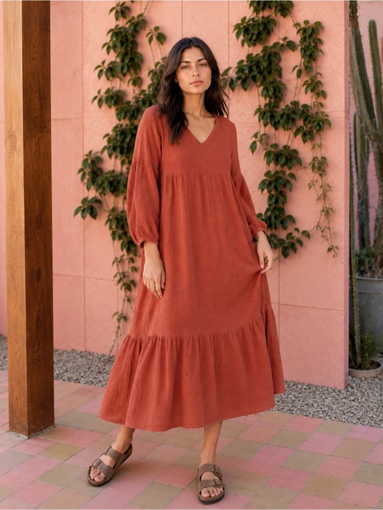 7 For All Mankind Dresses & Skirts - 7 For All Mankind Cecelia V Neck Tiered Midi Dress Rust/Burnt Orange Medium